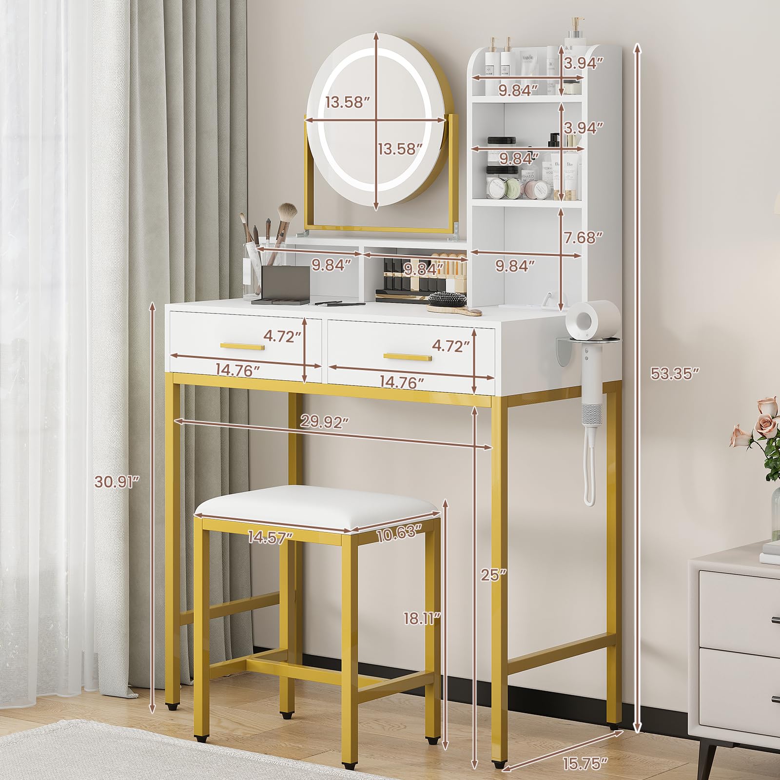 Meuble de coiffure moderne Garvee avec miroir pivotant à 360°, ports USB, 2 tiroirs, bois, tabouret confortable pour chambre et dressing, noir et blanc