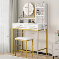 Meuble de coiffure moderne Garvee avec miroir pivotant à 360°, ports USB, 2 tiroirs, bois, tabouret confortable pour chambre et dressing, noir et blanc