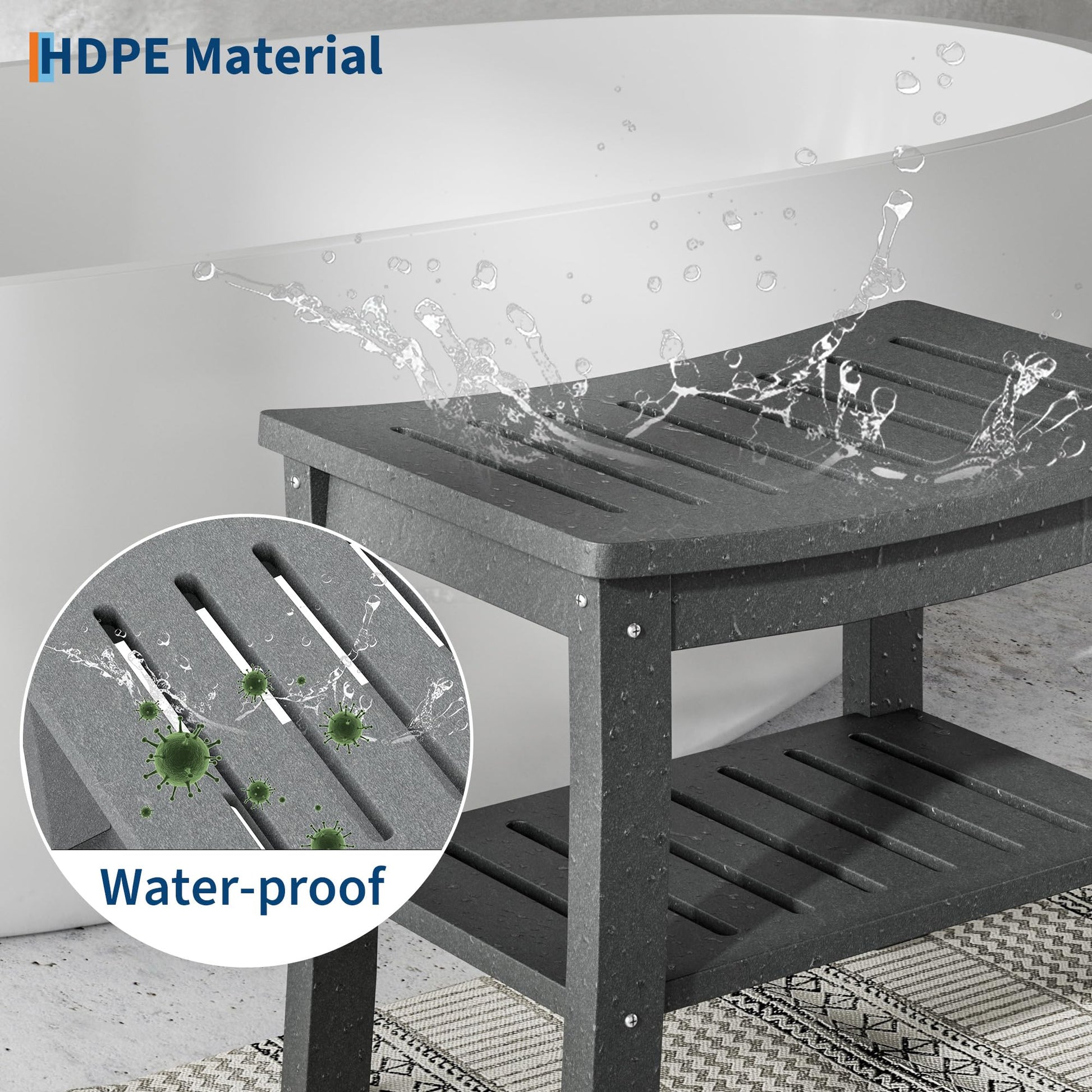 Banc de douche Garvee en PEHD avec étagère pour salle de bain et baignoire, aspect bois, imperméable, facile à nettoyer