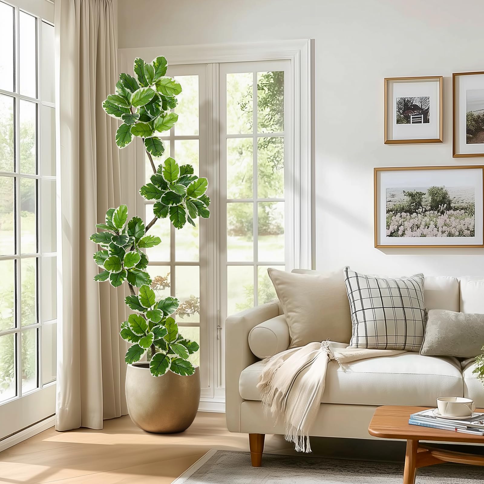 Ficus lyrata artificiel Garvee de 2,13 m (7 pi) avec pot en béton et mousse, idéal pour le salon et le bureau. Facile d'entretien, flexible, feuilles réalistes, vert.