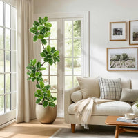 Ficus lyrata artificiel Garvee de 2,13 m (7 pi) avec pot en béton et mousse, idéal pour le salon et le bureau. Facile d'entretien, flexible, feuilles réalistes, vert.