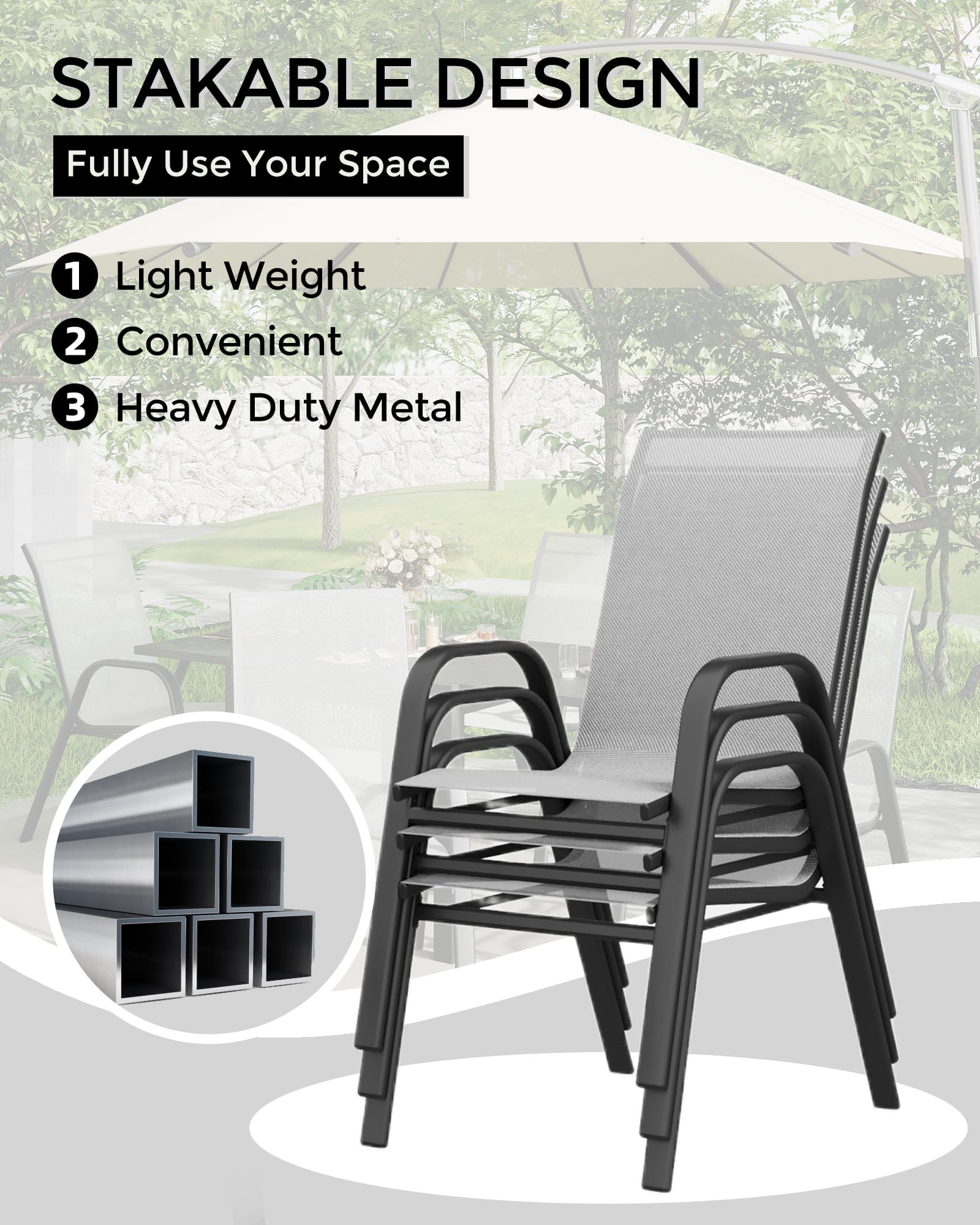 Ensemble de 4 chaises de jardin empilables Garvee avec structure en métal et revêtement en textilène, noires, gain de place, pour terrasse et jardin.