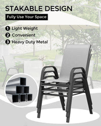 Ensemble de 4 chaises de jardin empilables Garvee avec structure en métal et revêtement en textilène, noires, gain de place, pour terrasse et jardin.