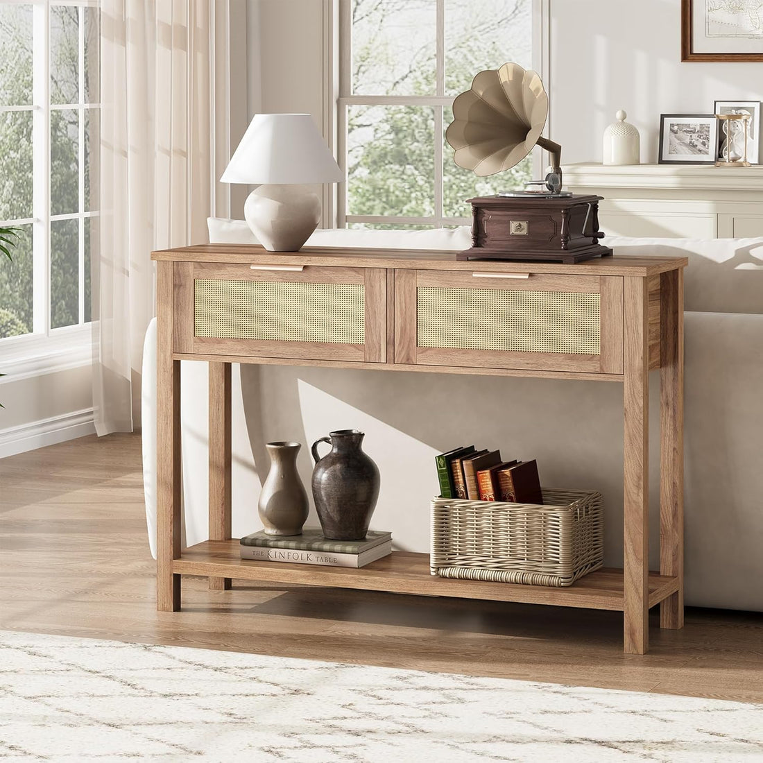 Console Garvee style ferme en rotin avec 2 tiroirs et porte coulissante en rotin naturel, idéale pour le salon et l'entrée, 109 x 30 x 79 cm, couleur bois.