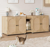 Garvee Meuble litière chat double 140 cm, portes en bois effet rotin, entrée facile et ventilation arrière, style naturel pour salon