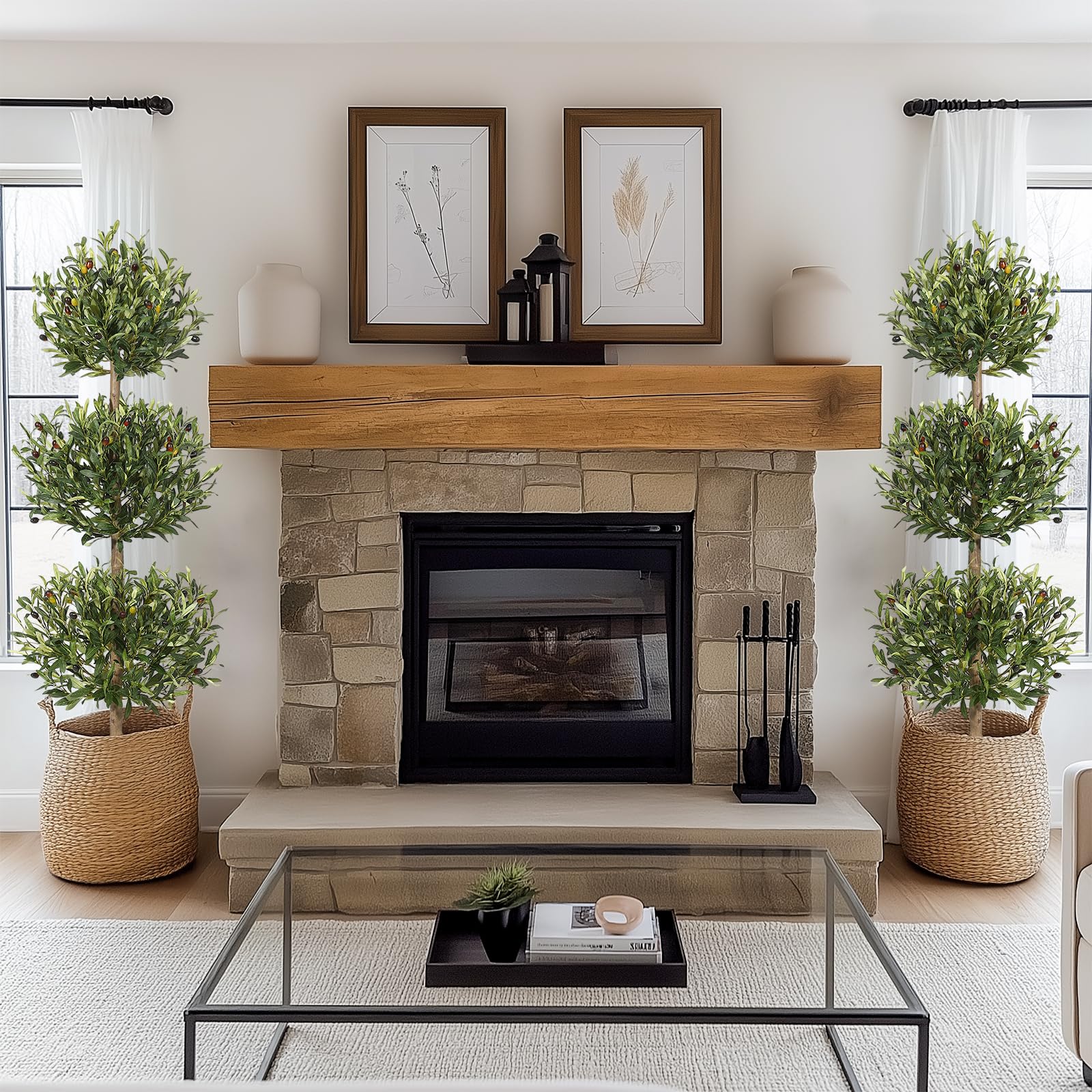 Garvee Olivier artificiel topiaire 150 cm à triple boule, avec mousse et pot, résistant aux UV, décoration verte pour intérieur et extérieur