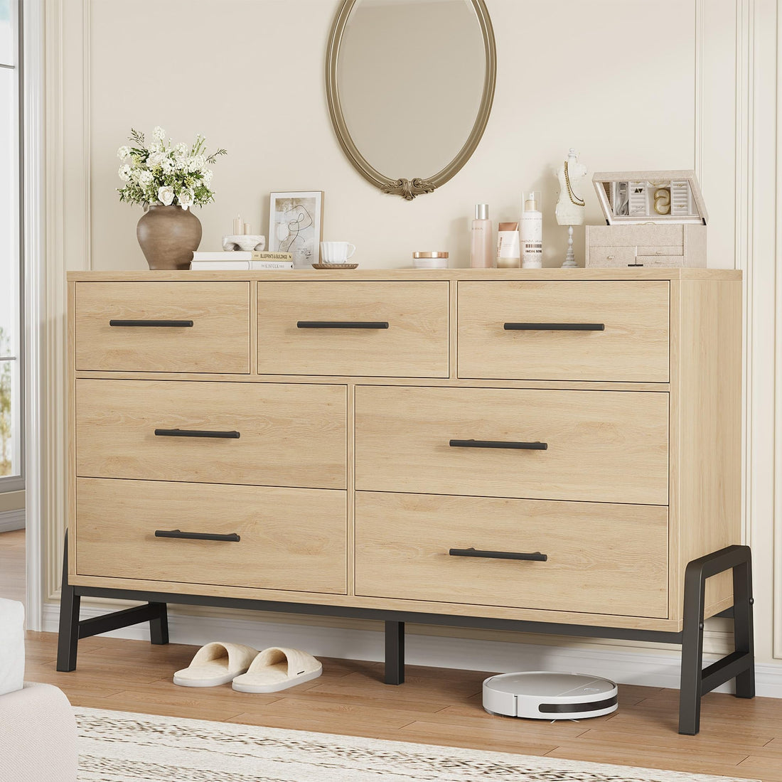 Commode Garvee à 7 tiroirs en MDF, table imperméable pour chambre et salon, design moderne et robuste, 132 x 41 x 81 cm, coloris naturel