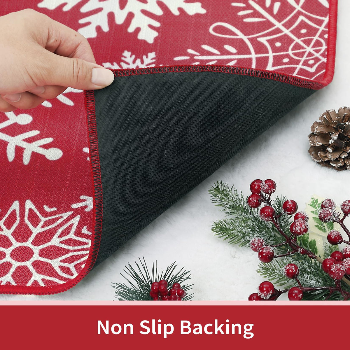 Tapis d'entrée Garvee Kerst Deurmat 40x60 cm rouge, lavable, antidérapant, motif flocons de neige, pour entrée, cuisine ou chambre.