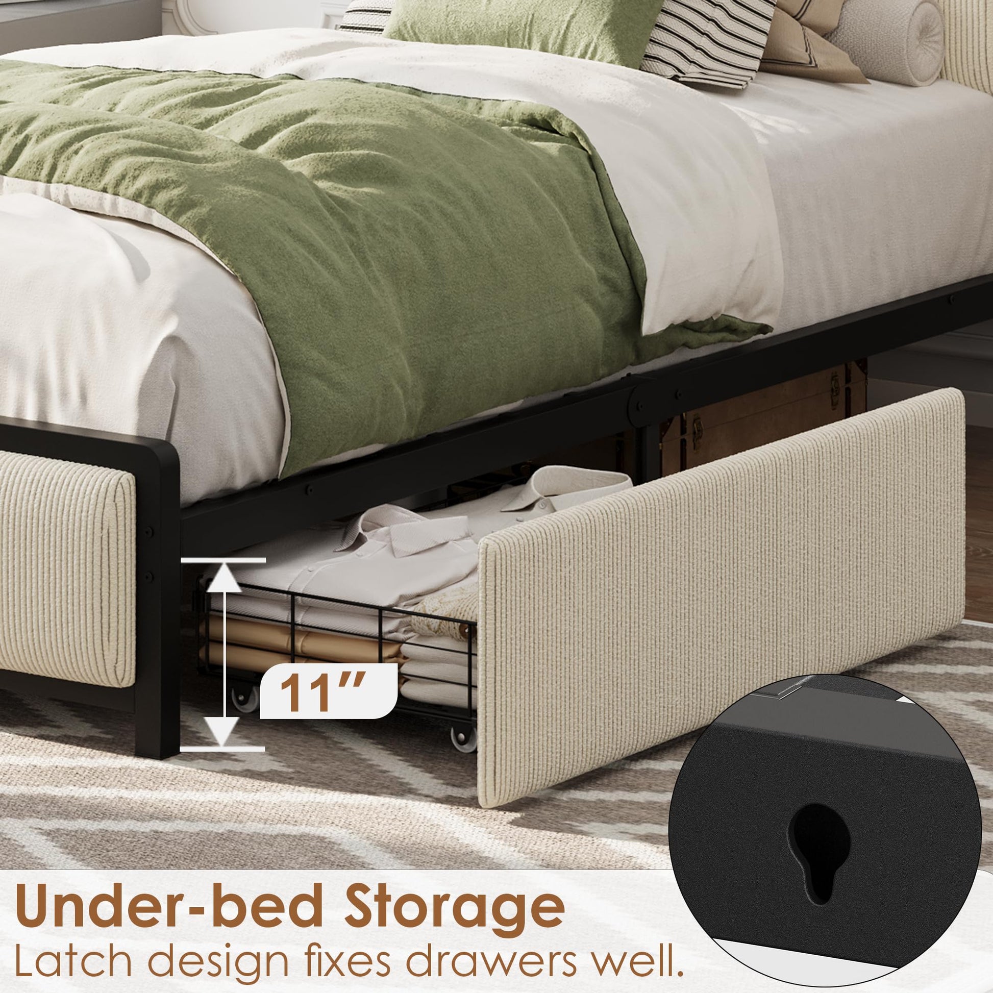 Cadre de lit Garvee pour lit simple avec 2 tiroirs et station de recharge pour chambre à coucher, beige, silencieux, structure en métal, revêtement en velours