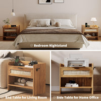 Table de chevet Garvee en rotin avec chargeur USB-C, 1 tiroir, compartiment ouvert, idéale pour la chambre et le bureau, en bois robuste, 60 x 39 x 56 cm, marron