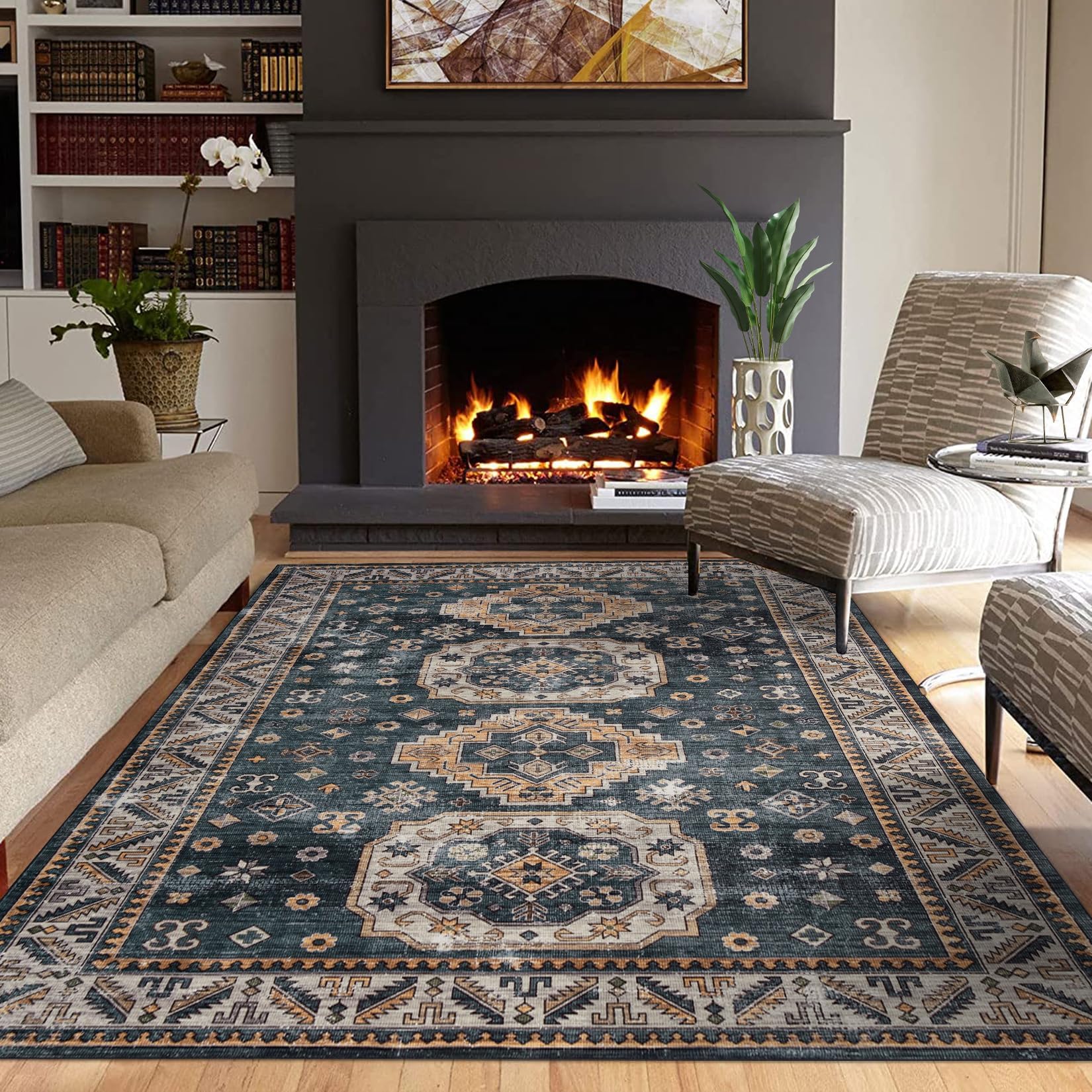 Tapis oriental vintage Garvee 160x230cm bleu, lavable, antidérapant, pour salon et chambre, style bohème, polyester