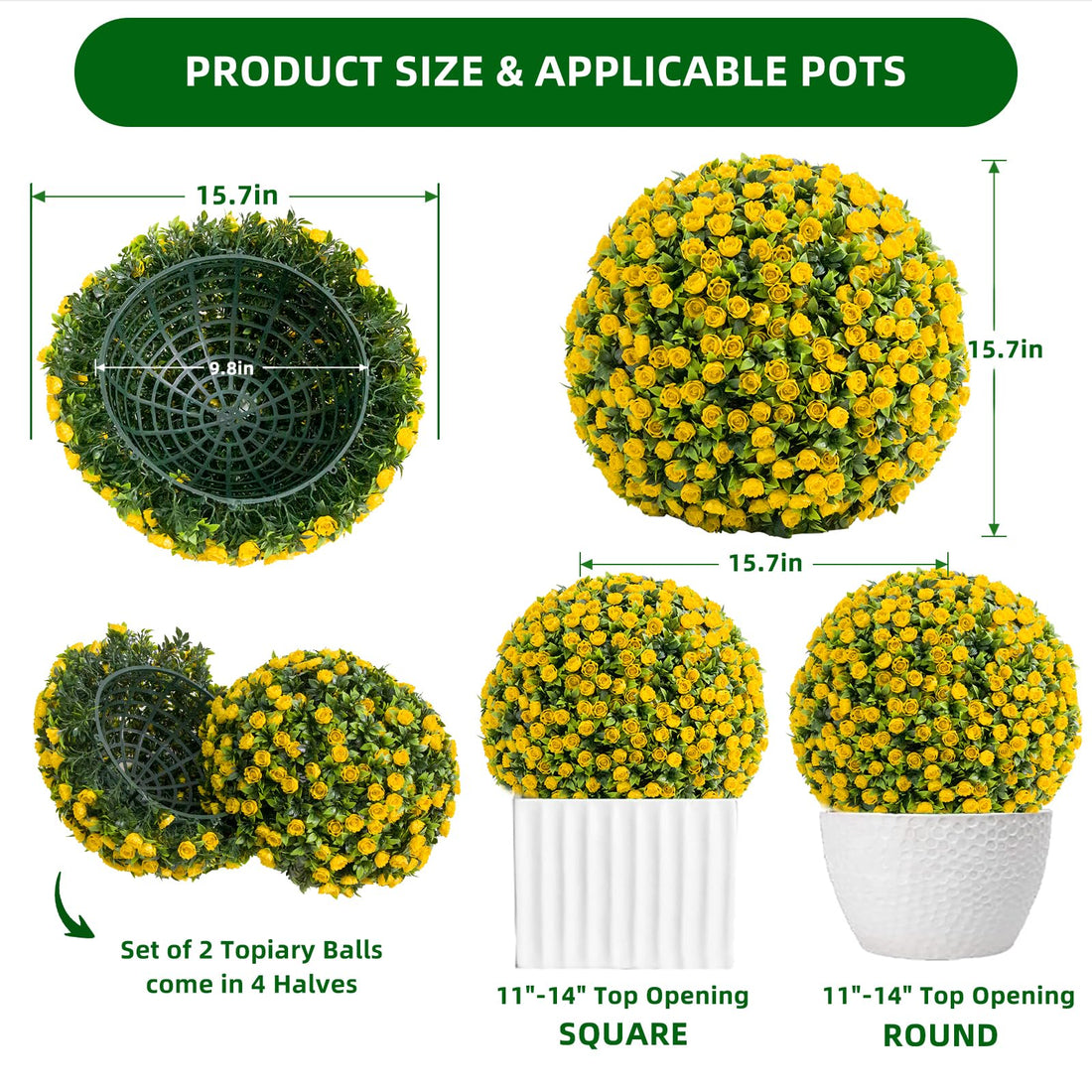 Garvee Lot de 2 Boules de Buis Artificielles 40 cm avec Fleurs et Chaîne, PE Résistant aux UV, Jardin et Mariage, Vert Jaune