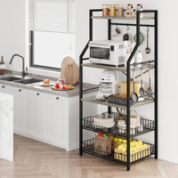 Étagère de cuisine Garvee à 5 niveaux, 2 paniers métalliques, support de bar à café de style industriel, MDF et acier, 8 crochets, gris rustique, multifonctionnelle pour la cuisine