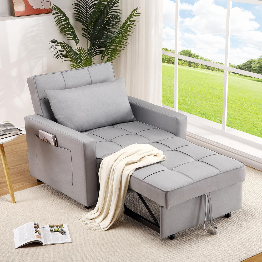 Canapé-lit/fauteuil convertible 3 en 1 Garvee, revêtement en lin, gain de place, 192 x 96 x 59 cm, gris