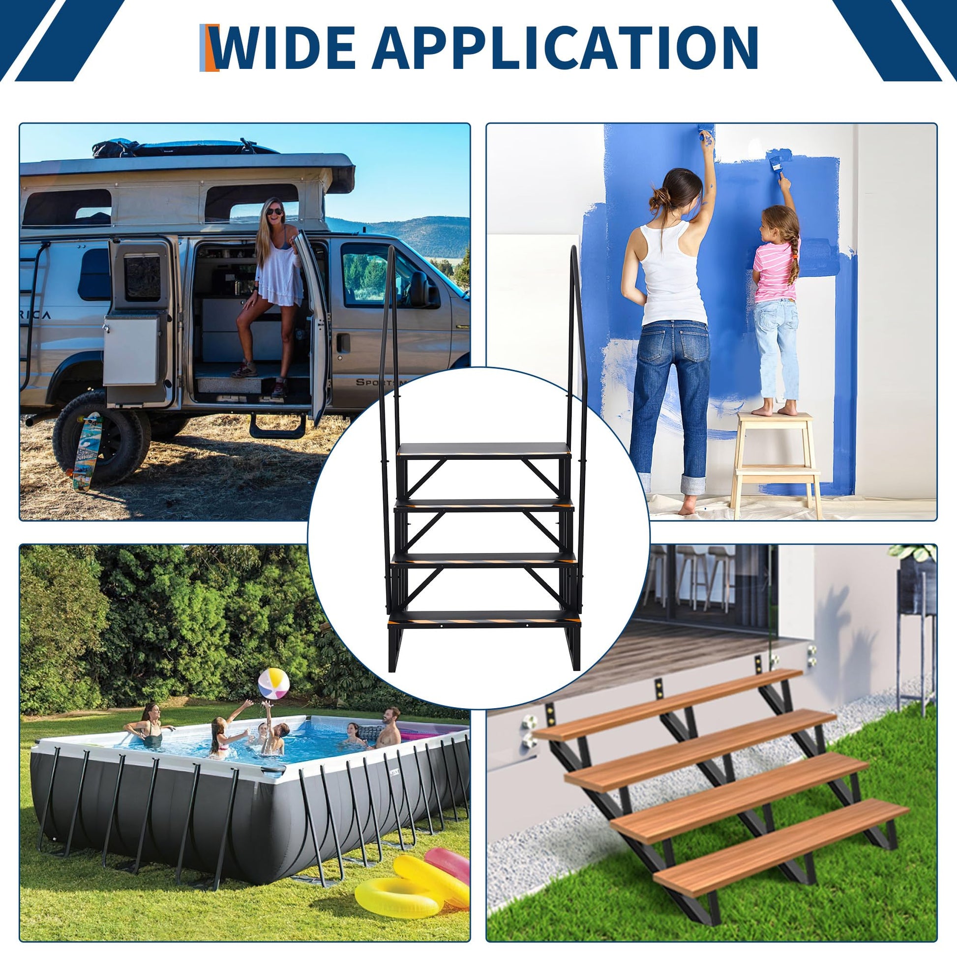 Escalier portable Garvee à 4 marches pour VR avec rampe, en acier, bandes antidérapantes pour caravanes et usage extérieur, 181 kg (400 lb), noir