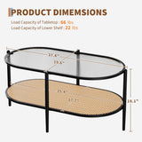 Garvee table basse ovale noire à 2 niveaux en rotin, structure en métal et plateau en verre trempé - Noir