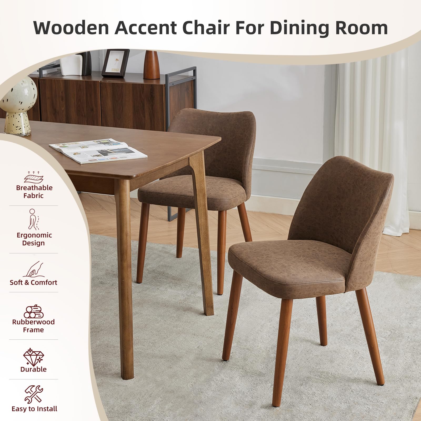 Chaises de salle à manger Garvee, lot de 2, revêtement en tissu, assise rembourrée et pieds en bois, pour restaurant et café, hauteur 78 cm, style moderne du milieu du siècle