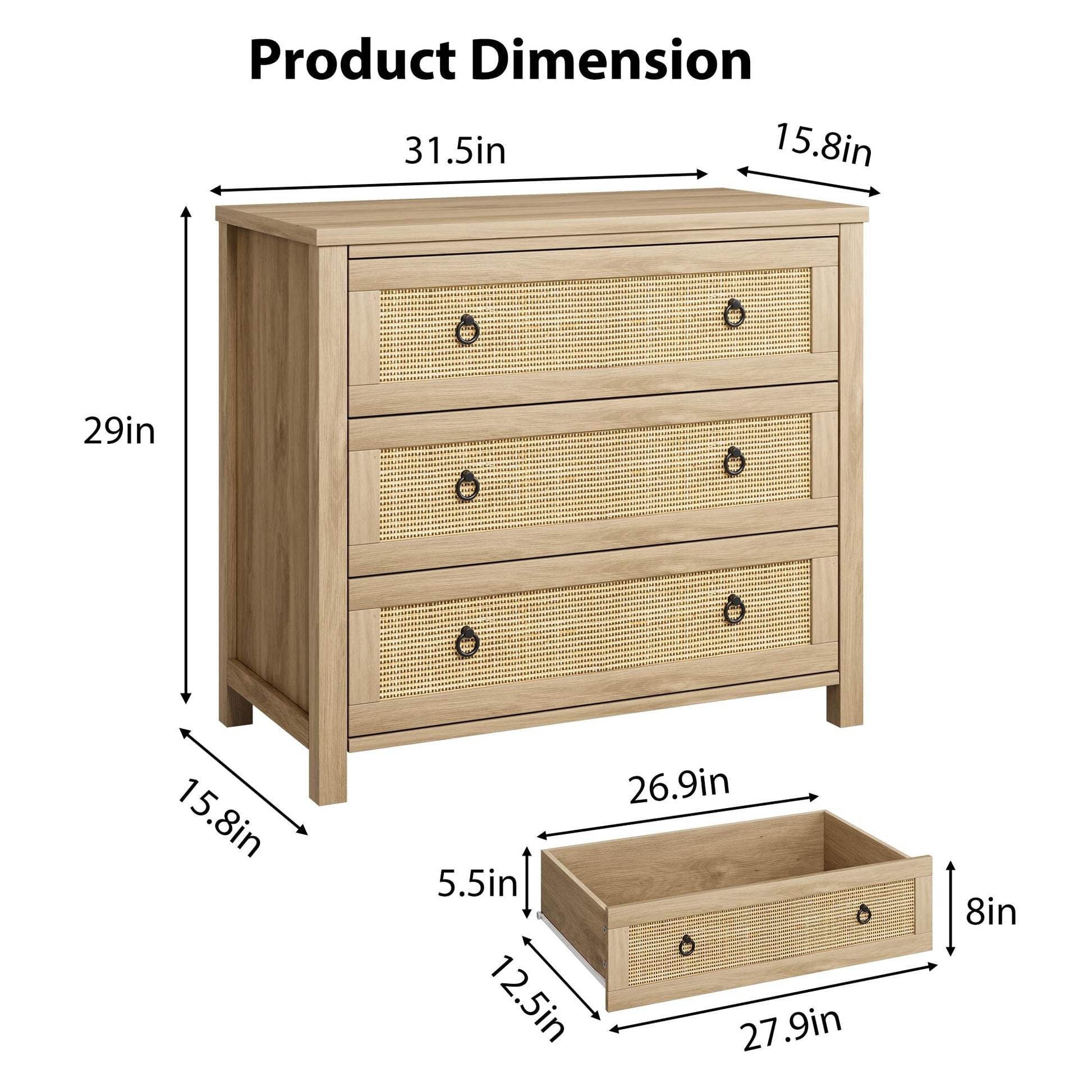 Commode en rotin Garvee 74 cm (29 po) - Bois - 3 tiroirs - Robuste - Grand espace de rangement - Salon - Chambre d'enfant