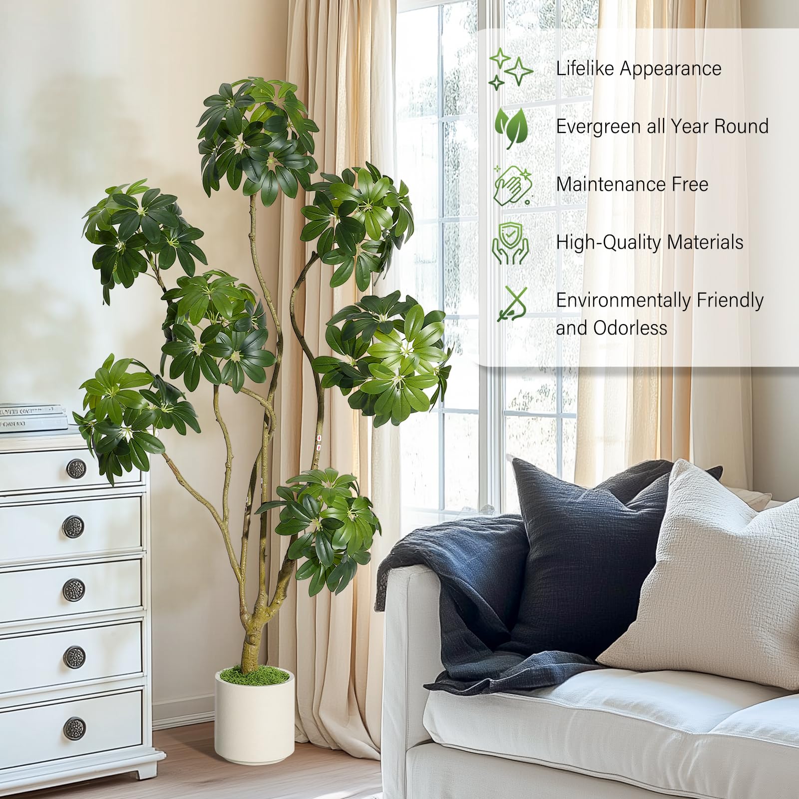 Arbre artificiel Schefflera parasol Garvee de 1,5 m avec 5 troncs, pot de fleurs blanc en PE pour la maison et le bureau