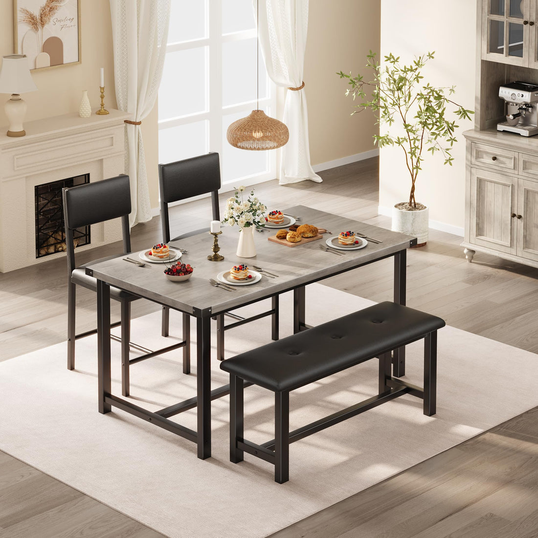 Garvee Ensemble salle à manger 4 personnes avec table, 2 chaises rembourrées et banc, MDF robuste, gain de place, facile à nettoyer, idéal petits appartements.