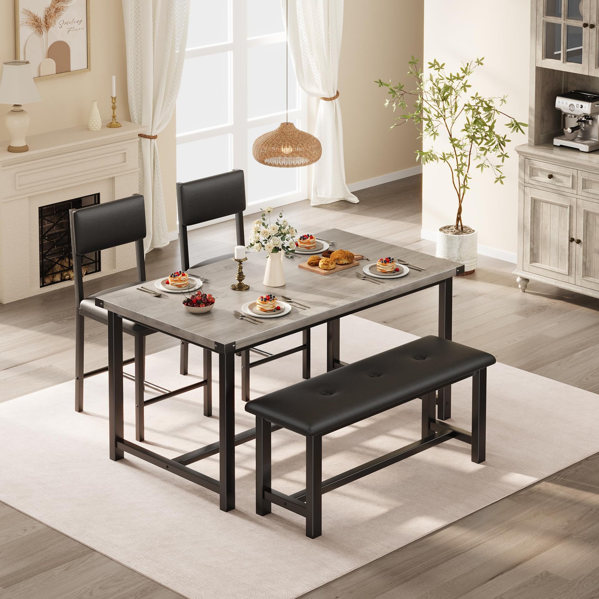 Garvee Ensemble salle à manger 4 personnes avec table, 2 chaises rembourrées et banc, MDF robuste, gain de place, facile à nettoyer, idéal petits appartements.