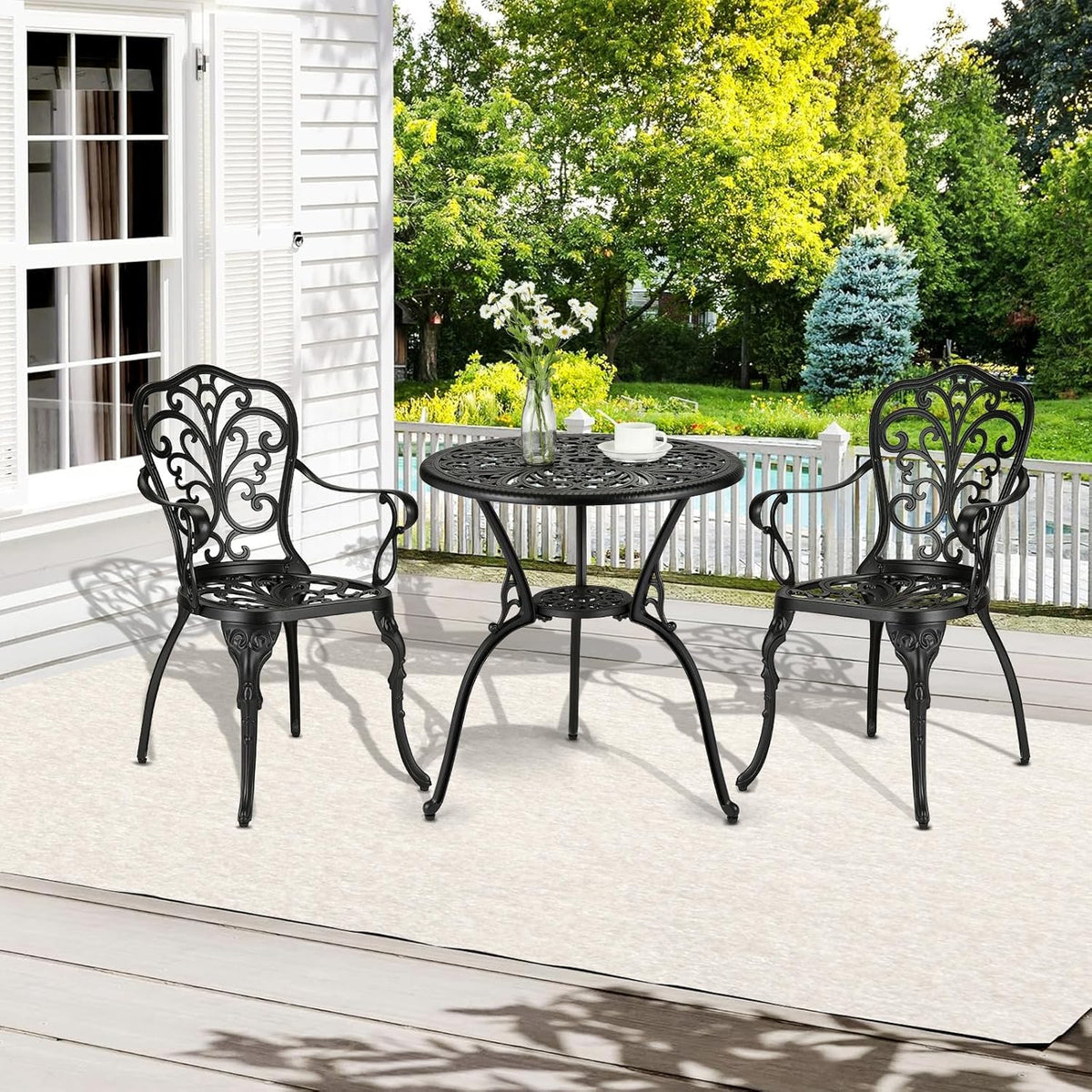 Ensemble bistro d'extérieur Garvee 3 pièces, en aluminium résistant aux intempéries et à la rouille, avec trou pour parasol, mobilier de jardin et de balcon, noir.