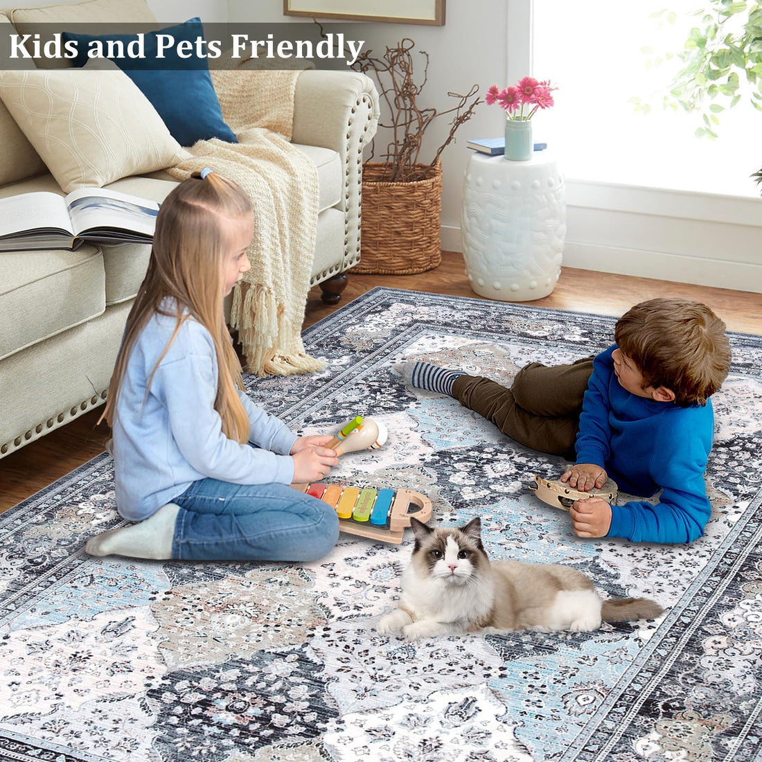 Tapis de couloir marocain Garvee Easy-Care antidérapant et lavable, idéal pour le salon, la chambre d'enfant ou le bureau, 80 x 150 cm, bleu.