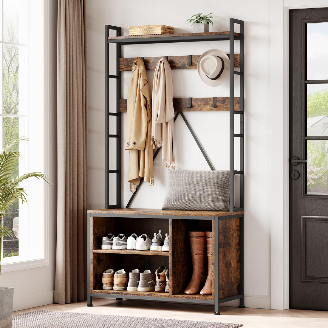 Garvee Porte-manteau avec banc et penderie 5 en 1, pour l'entrée et le vestibule, en bois rustique et ajustable