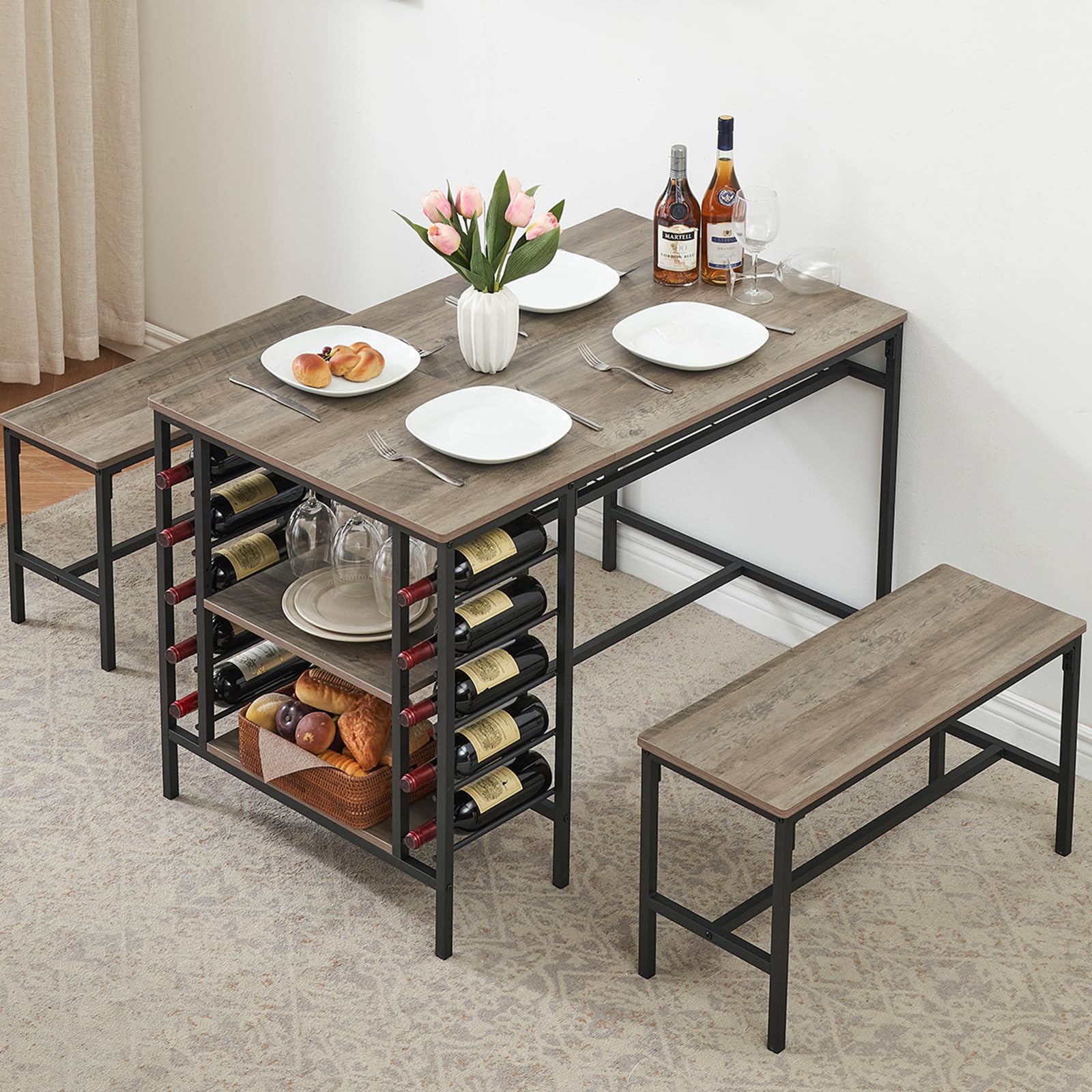Ensemble de salle à manger Garvee pour 4 personnes avec casier à vin et rangement, métal et bois, gain de place, robuste, 2 bancs, idéal pour les petits espaces