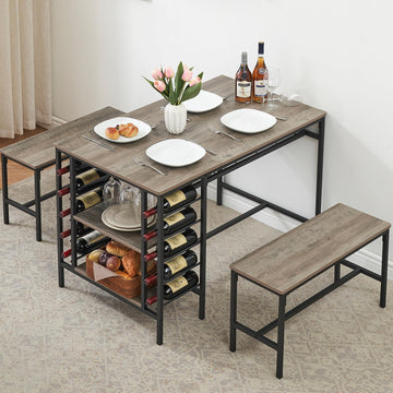Ensemble de salle à manger Garvee pour 4 personnes avec casier à vin et rangement, métal et bois, gain de place, robuste, 2 bancs, idéal pour les petits espaces