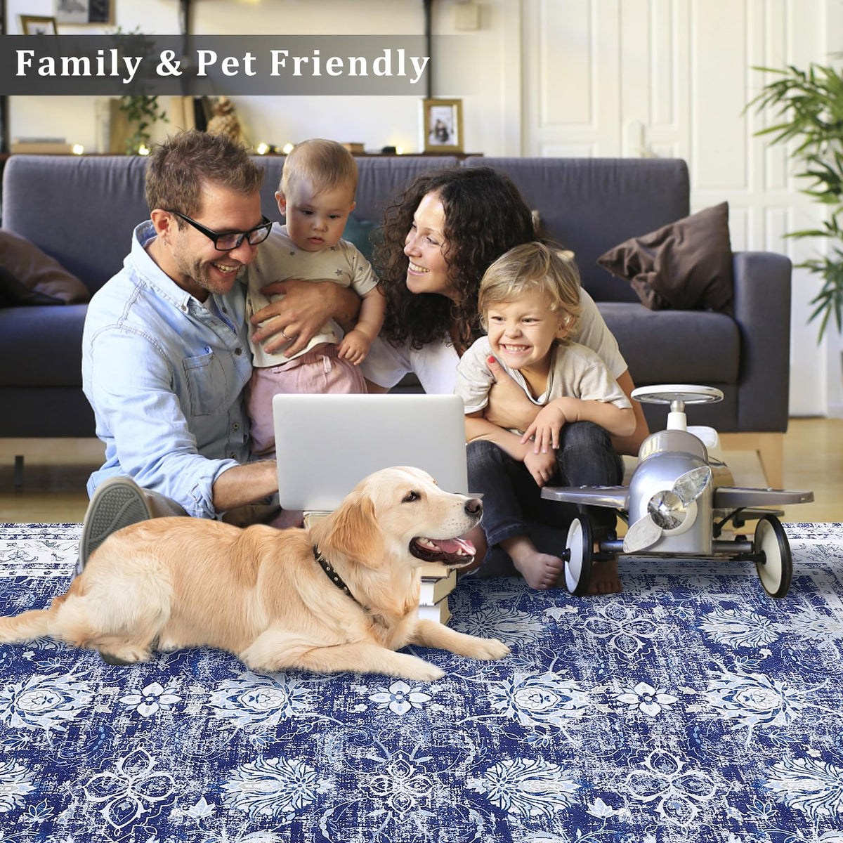 Tapis vintage Garvee, motif oriental, antidérapant, antitache, lavable, poils courts, 160 x 230 cm, bleu marine, salon, cuisine