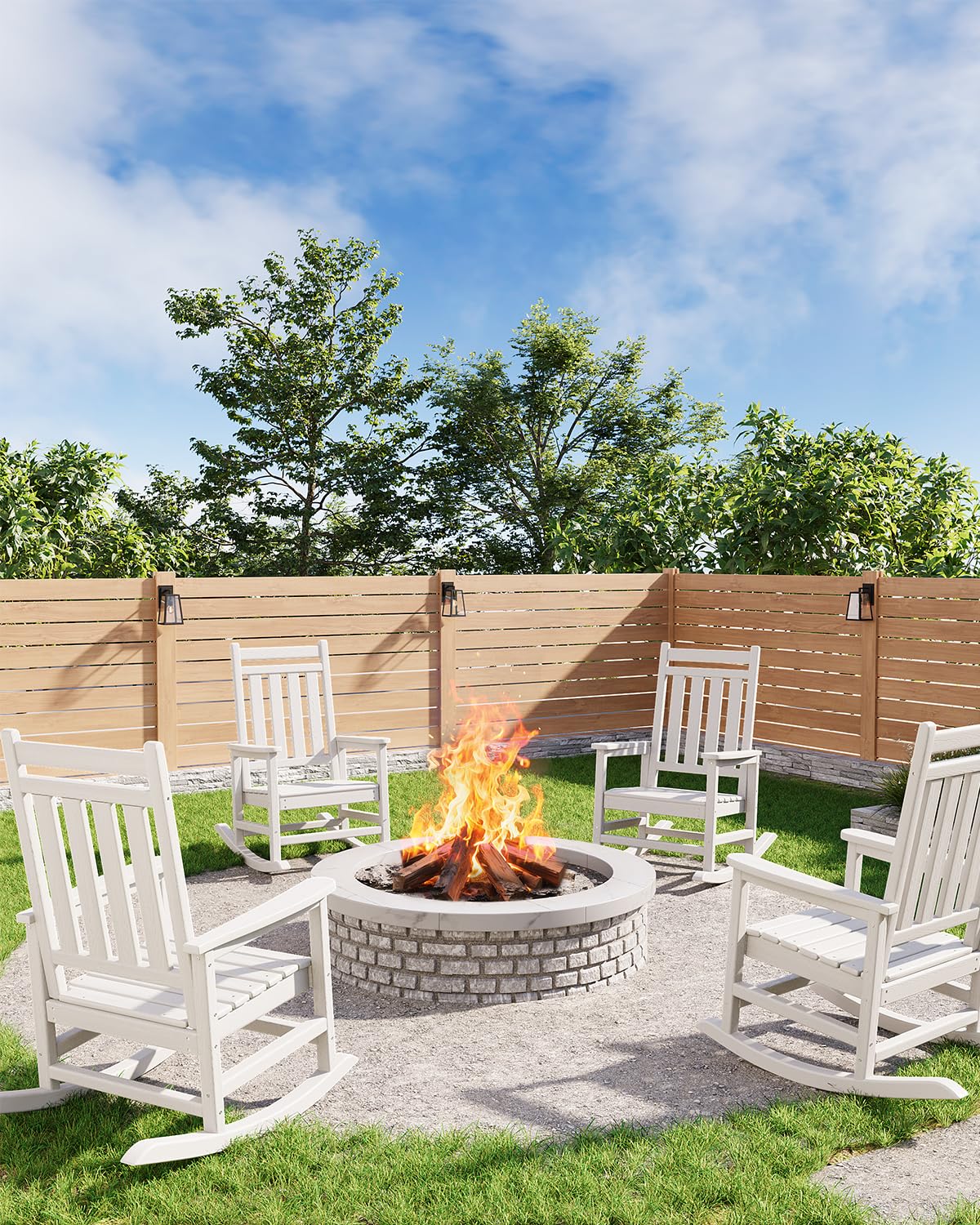 Garvee Fauteuil Adirondack à bascule en PEHD effet bois, dossier haut, résistant aux intempéries, charge 172 kg, blanc, jardin et terrasse