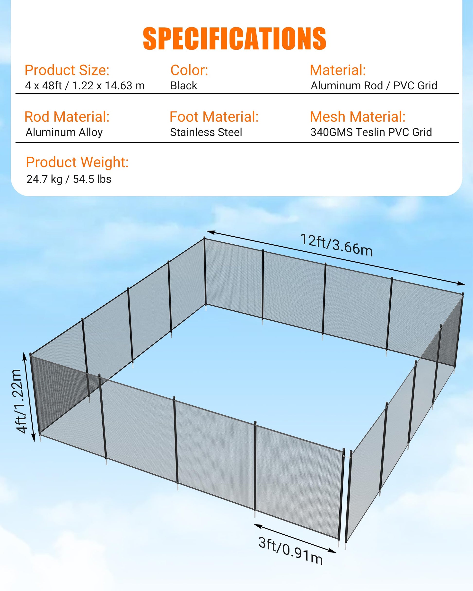 Grillage de sécurité pour piscine Garvee 1,20 m x 14,60 m avec pieds en acier inoxydable, résistant aux intempéries, réglable pour jardin et piscine, noir