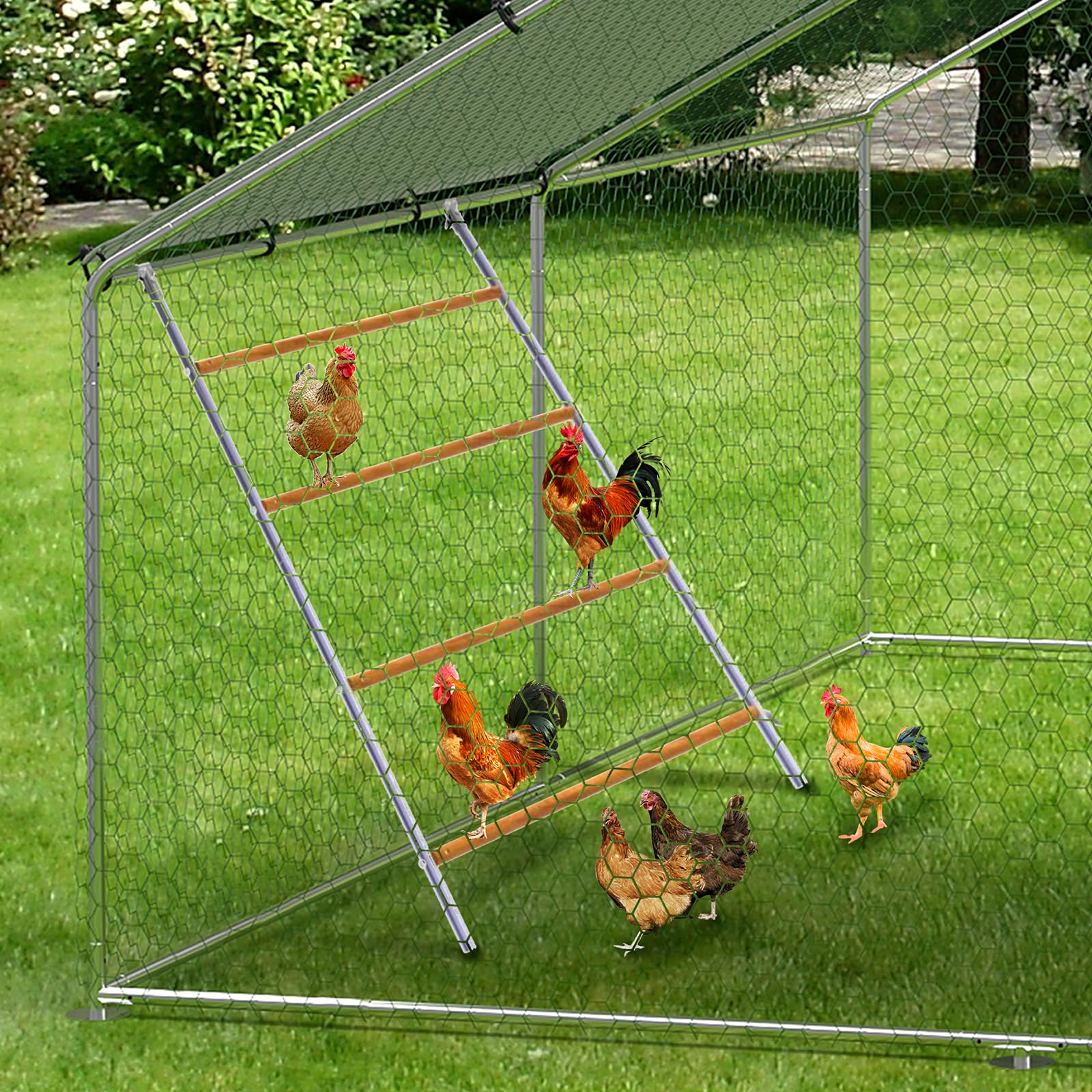 Garvee Perchoir à poules 140 × 102 cm, fer galvanisé et bois, échelle stable multi-niveaux avec barres rondes pour poulailler extérieur