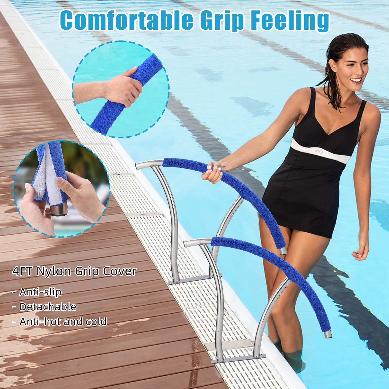 Main courante de piscine Garvee, 2 pièces, 76 cm x 76 cm, acier inoxydable 304, antirouille, revêtement de poignée bleu, pour piscines enterrées, robuste