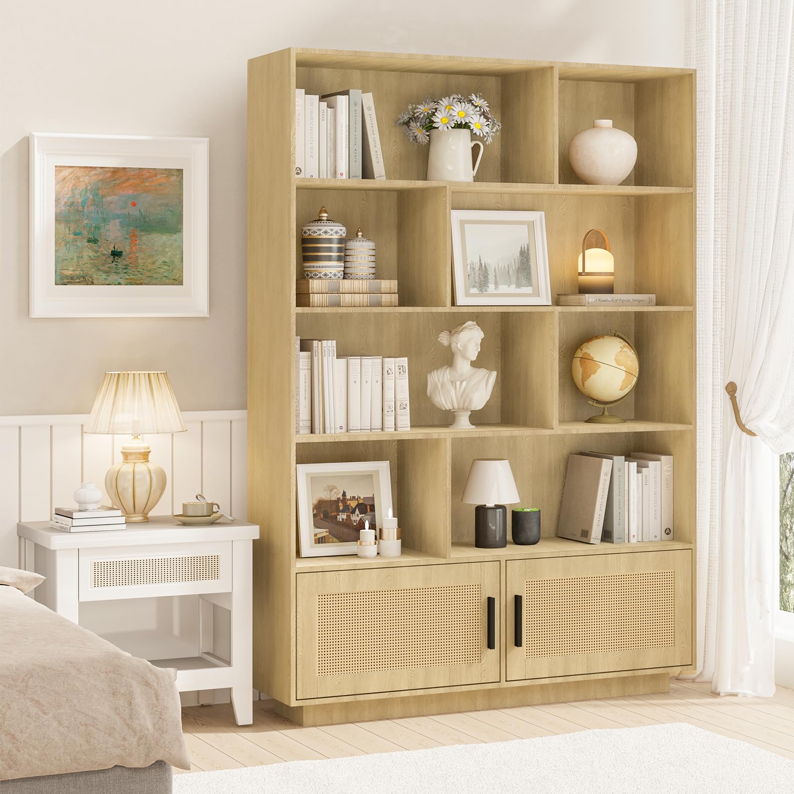 Bibliothèque Garvee à 5 niveaux avec portes en rotin, en MDF robuste, idéale pour le salon et le bureau, 80 cm (L) x 160 cm (H), style bohème