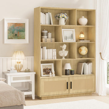 Bibliothèque Garvee à 5 niveaux avec portes en rotin, en MDF robuste, idéale pour le salon et le bureau, 80 cm (L) x 160 cm (H), style bohème