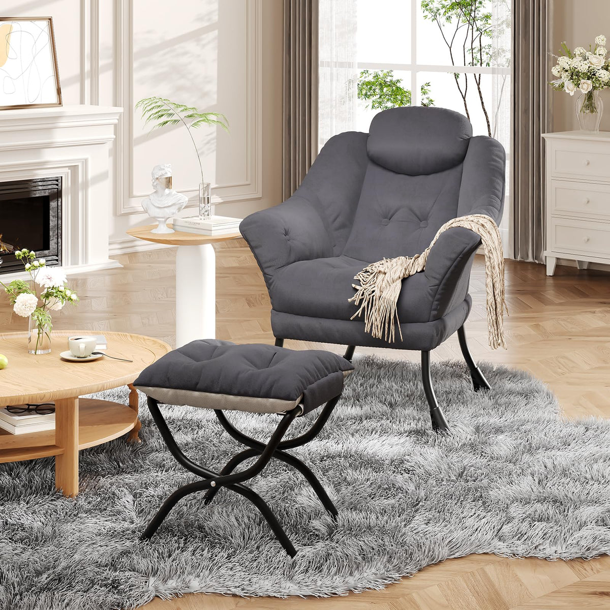 Fauteuil relax Garvee avec repose-pieds, ergonomique, en velours, pliable, gris, pour salon et chambre, gain de place