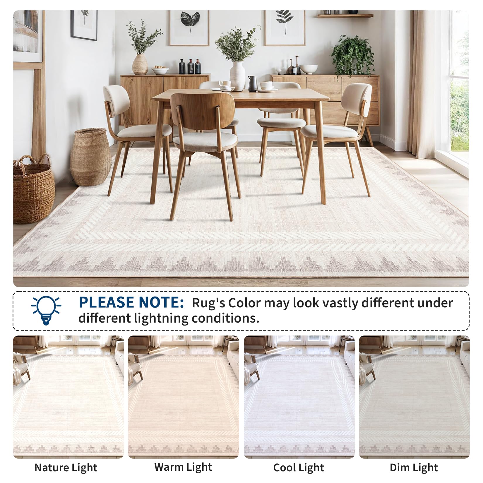 Tapis lavable Garvee 240x300 cm, couleur crème, moderne, antidérapant, bordure géométrique, poils courts, polyester, pour salon et chambre.