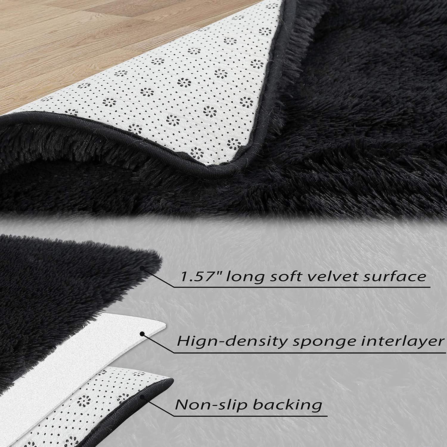 Tapis moelleux Garvee 4 cm en polyester peluche noir pour salon et chambre d'enfant. Extra doux et antidérapant.