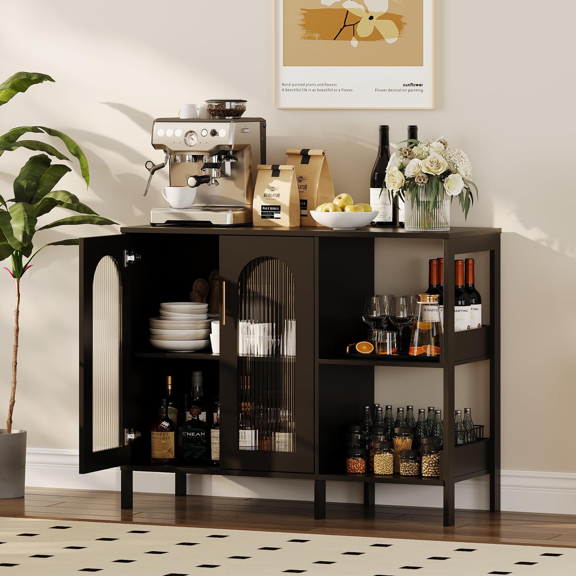 Buffet vitré Garvee avec poignées en métal, étagères réglables, structure en bois massif, portes en verre texturé noir, idéal pour le salon et la salle à manger, 110,5 cm (P) x 46 cm (L) x 18 cm (H)