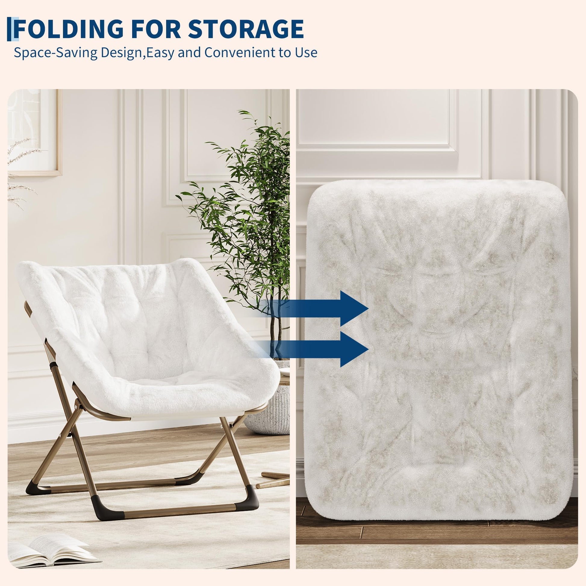 Garvee Fauteuil saucer pliable adulte avec coussin en fausse fourrure, dossier haut, structure en acier, compact et confortable pour appartement et chambre universitaire