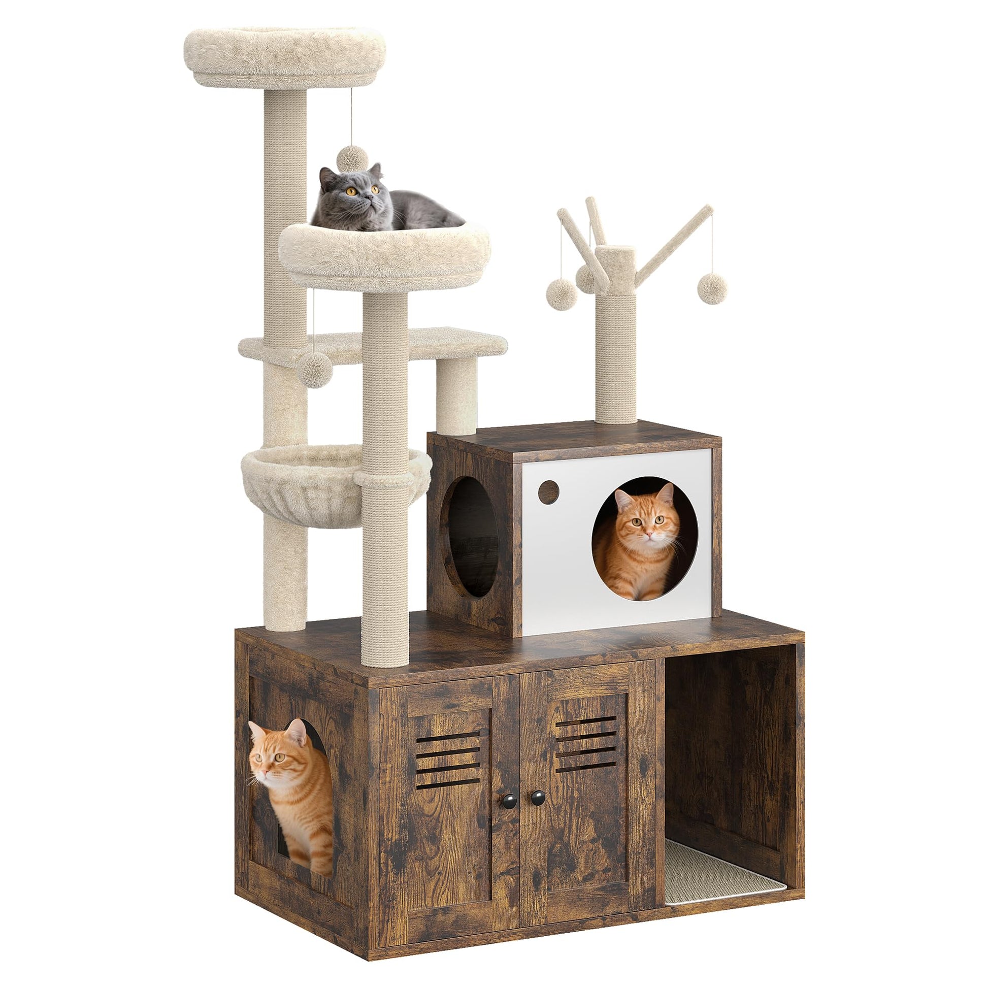 Meuble pour chat Garvee avec bac à litière, griffoir et hamac, style rustique marron, idéal pour un salon à plusieurs étages