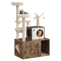 Meuble pour chat Garvee avec bac à litière, griffoir et hamac, style rustique marron, idéal pour un salon à plusieurs étages