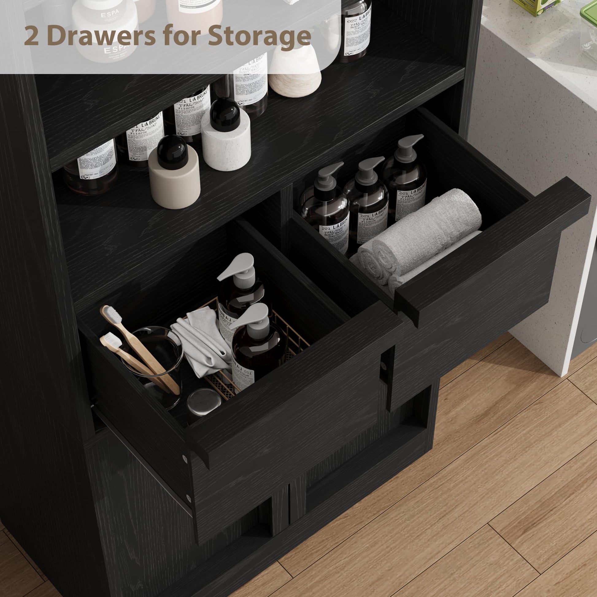 Armoire de salle de bain haute Garvee 130 cm (51 po) avec 2 tiroirs et portes, MDF, imperméable et résistant aux rayures, noir, polyvalente pour la salle de bain et le salon