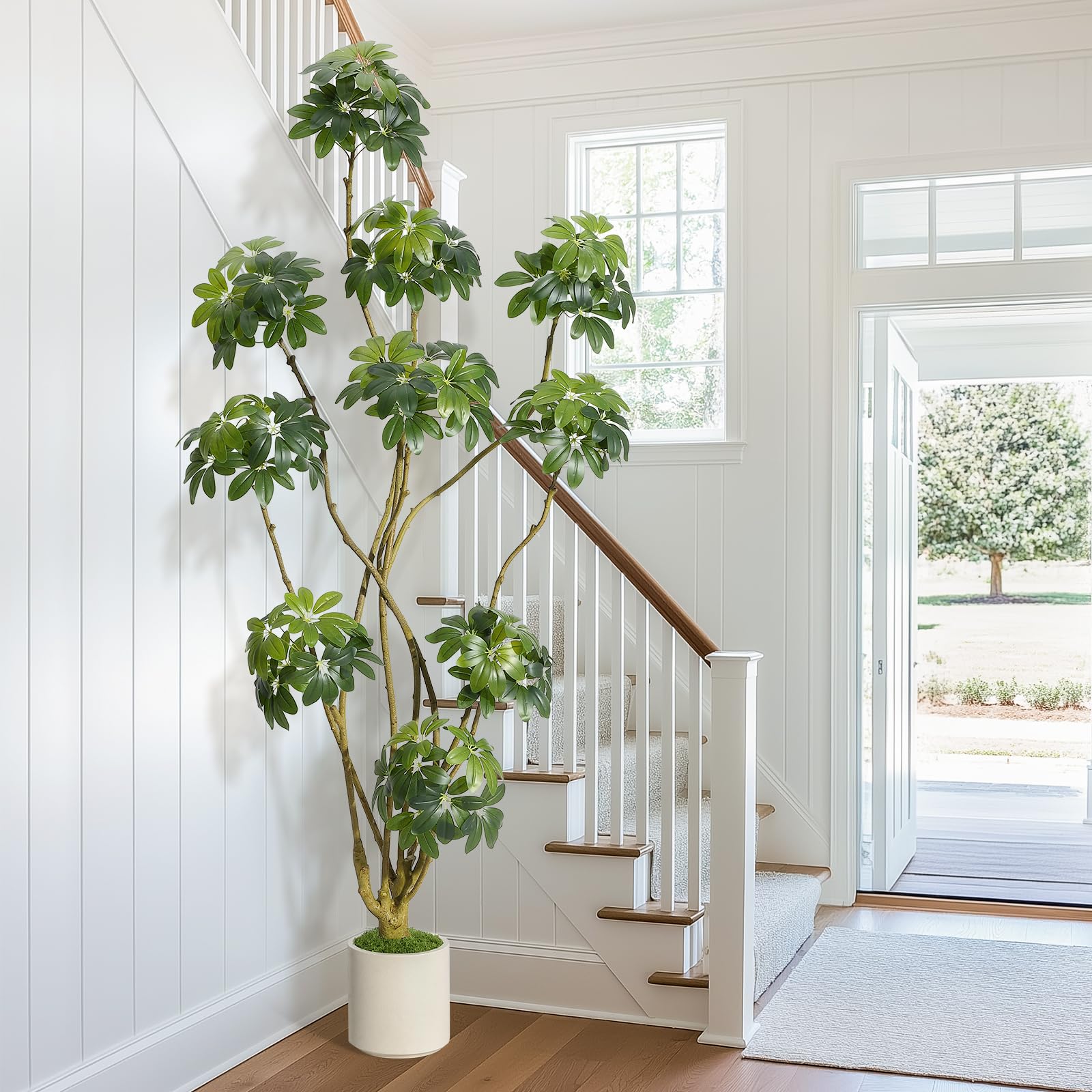 Arbre artificiel d'intérieur Garvee de 2,13 m (7 pi) de haut, à plusieurs tiges, avec parasol et pot en PE blanc. Stable et facile d'entretien. Idéal pour la maison et le bureau.