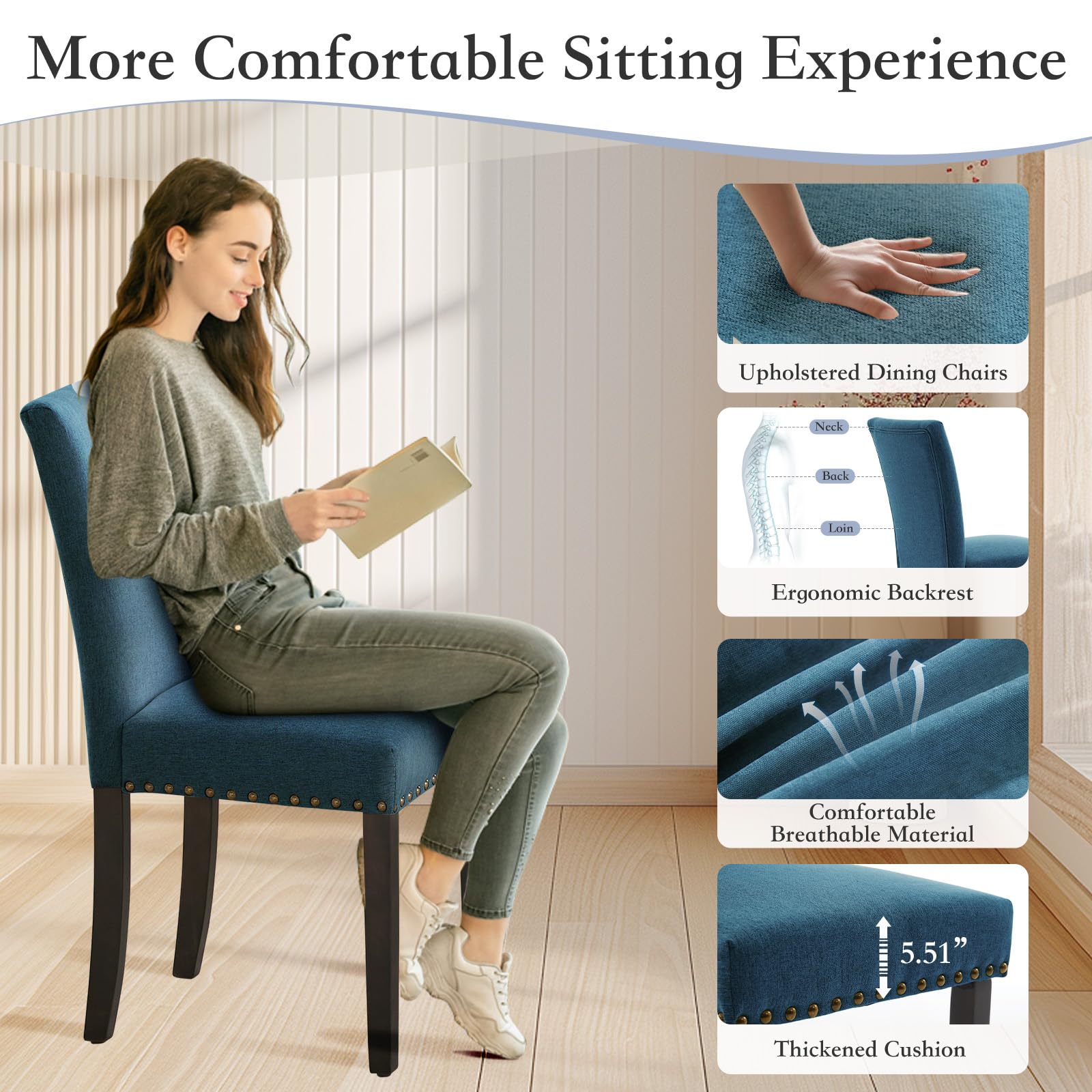 Ensemble de 2 chaises de salle à manger Garvee, revêtues de tissu ergonomique en lin bleu foncé, pour salon et salle à manger.