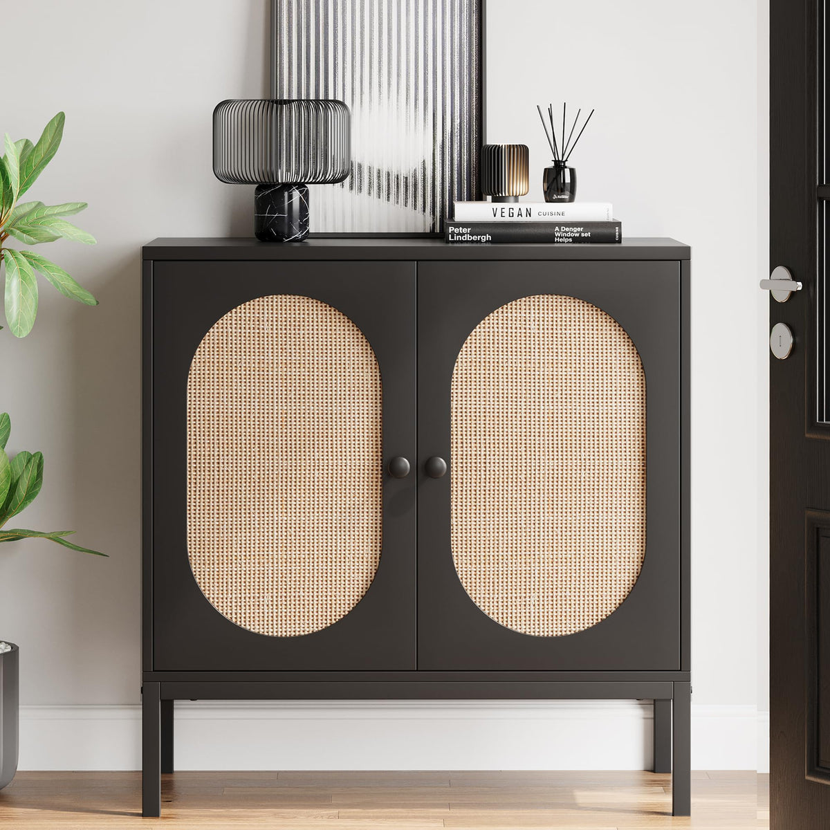 Garvee buffet en rotin tressé à la main, avec portes et étagères, en MDF noir, pour le salon et la salle à manger, 80 × 40 × 83 cm, noir