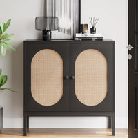 Garvee buffet en rotin tressé à la main, avec portes et étagères, en MDF noir, pour le salon et la salle à manger, 80 × 40 × 83 cm, noir