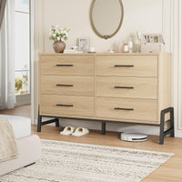 Commode Garvee, 6 tiroirs, 132 cm de large, grand espace de rangement, meuble en bois autoportant, chêne naturel, chambre, salon